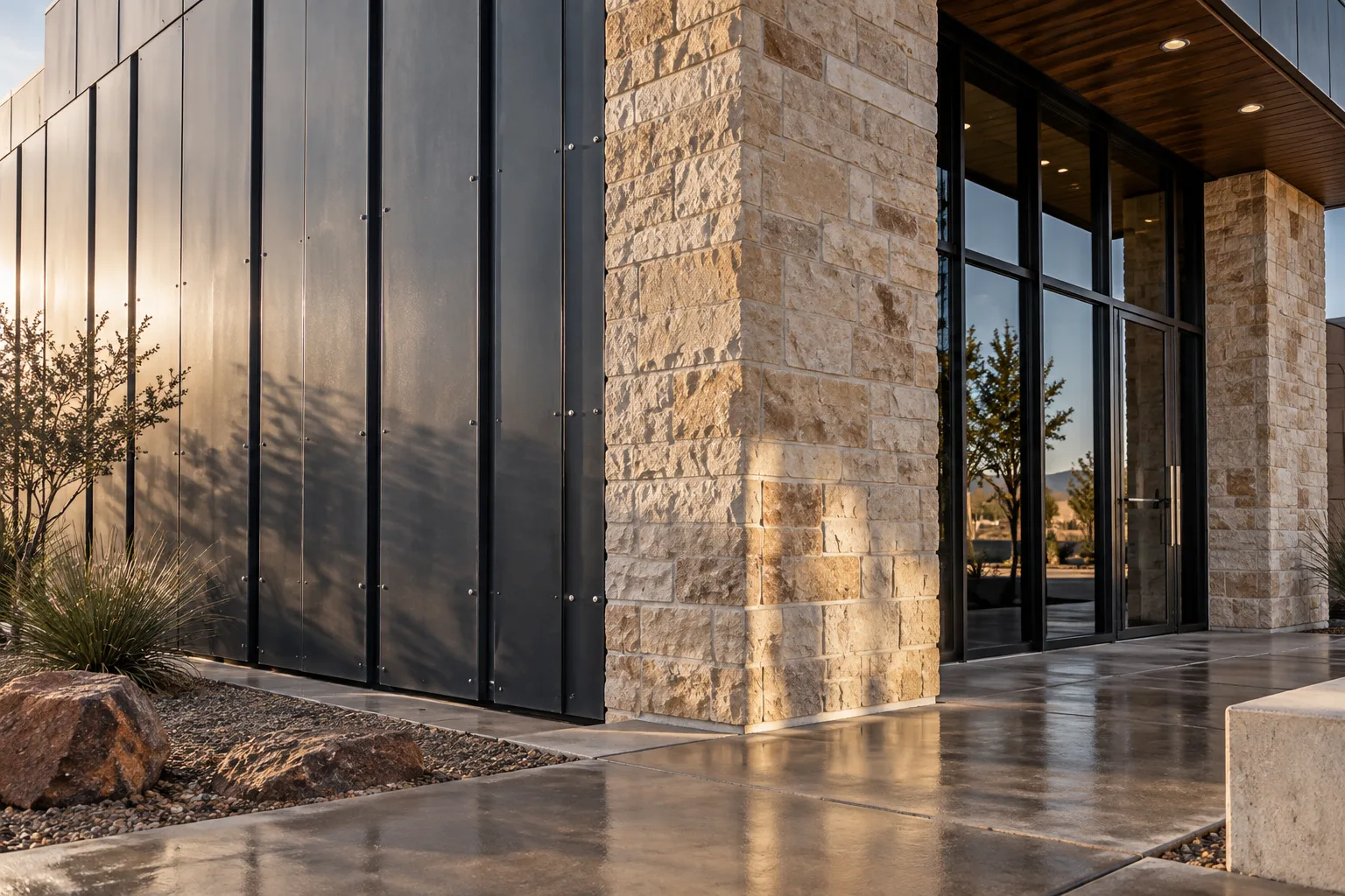 Concept illustration: commercial metal cladding, stone joints, and a recessed glass entry