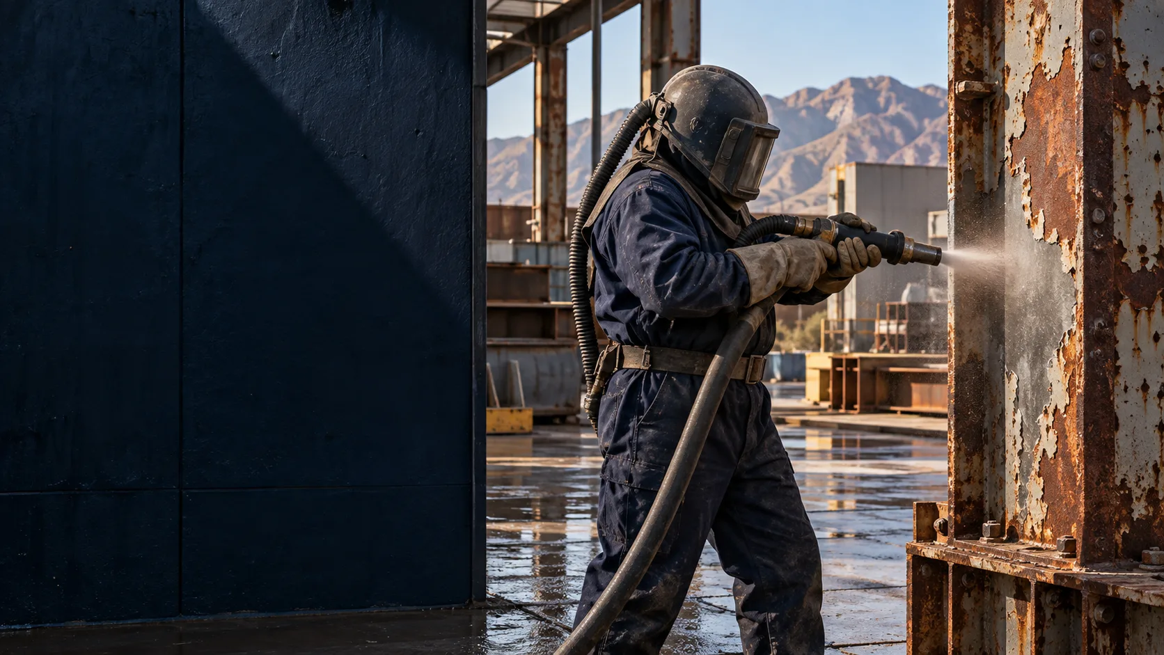 Concept illustration: a protected operator abrasive-blasting a steel structural frame