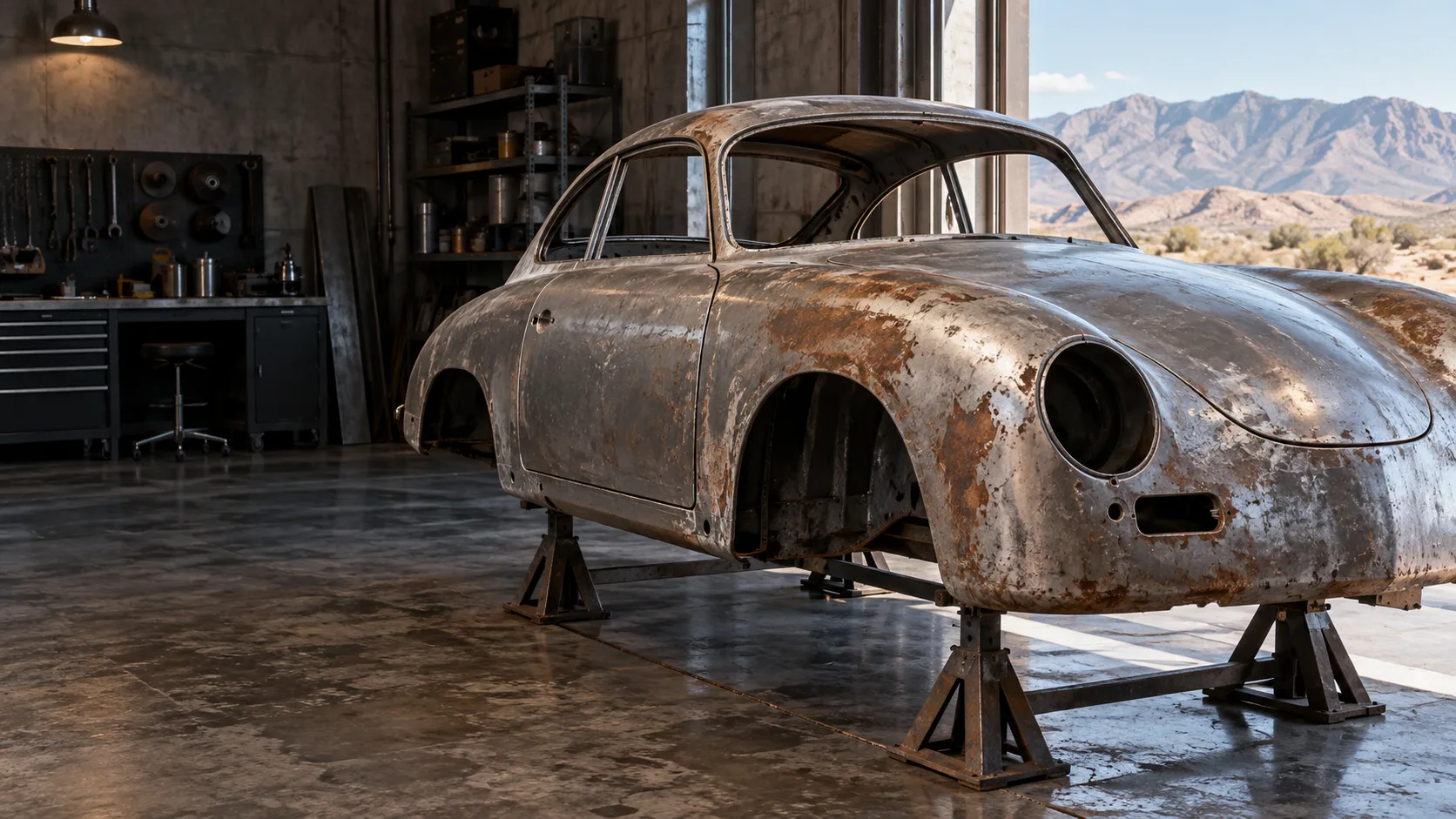 Concept illustration: a vintage coupe body shell on stands awaiting surface preparation