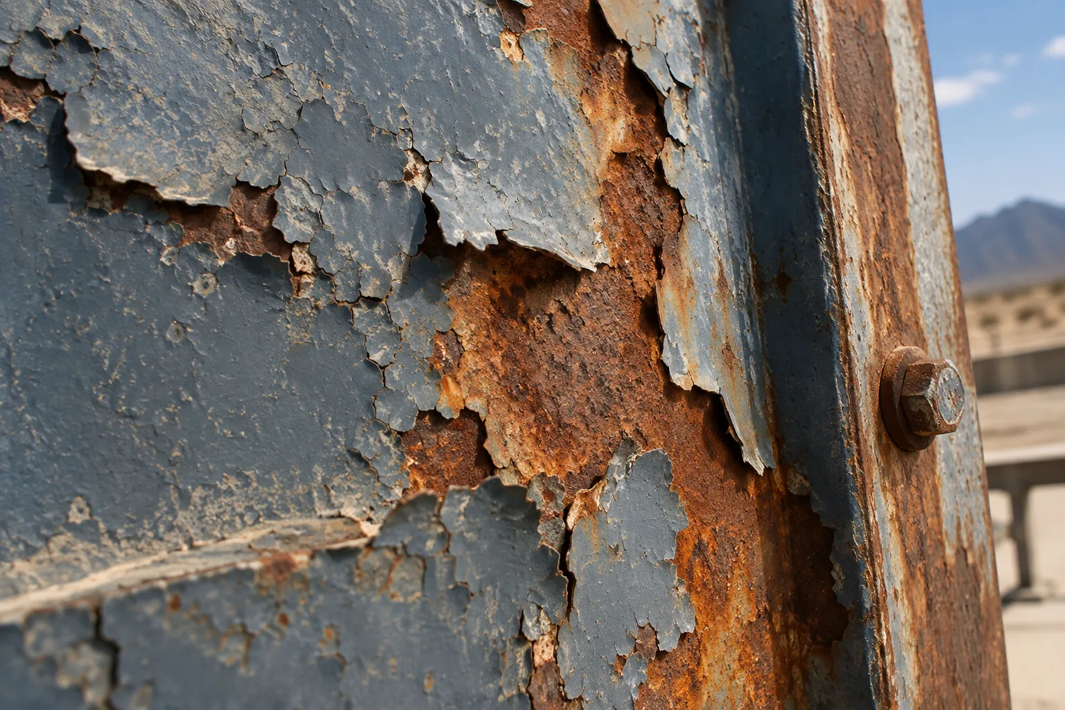 Concept illustration: weathered coating lifting from rusted steel