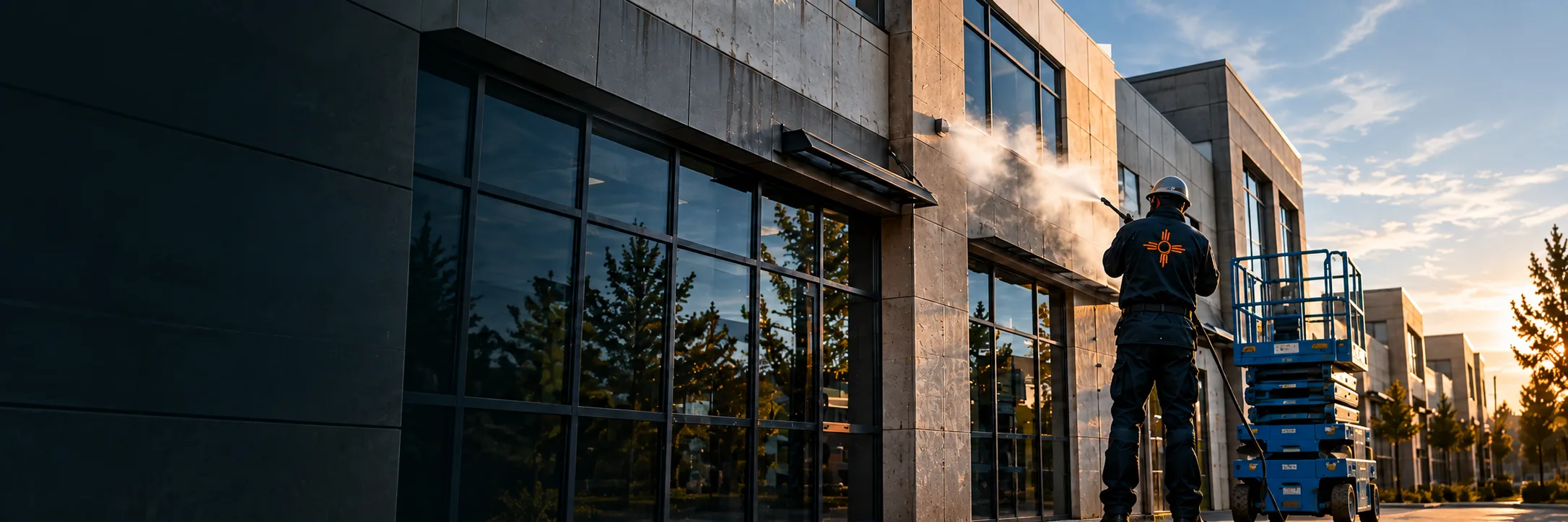 Concept illustration: exterior cleaning at a commercial building