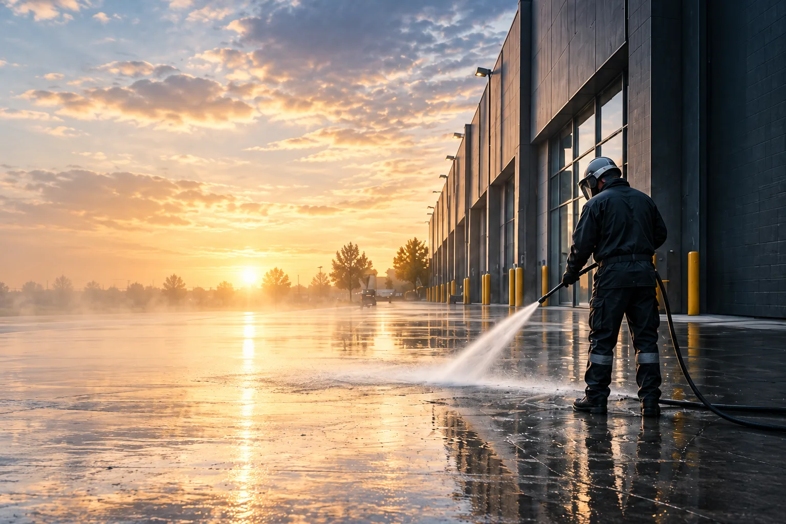 Concept illustration: pressure washing a concrete service area