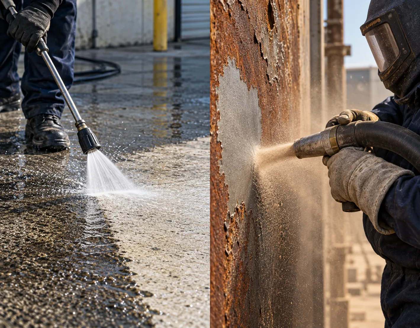 Concept illustration: a fan of water cleaning concrete on the left, and abrasive media stripping rust and coating from steel on the right.