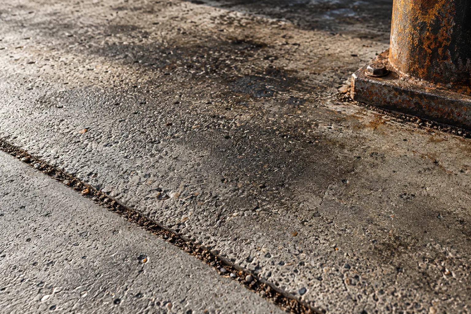 Concept illustration: rough industrial concrete with surface residue and an expansion joint