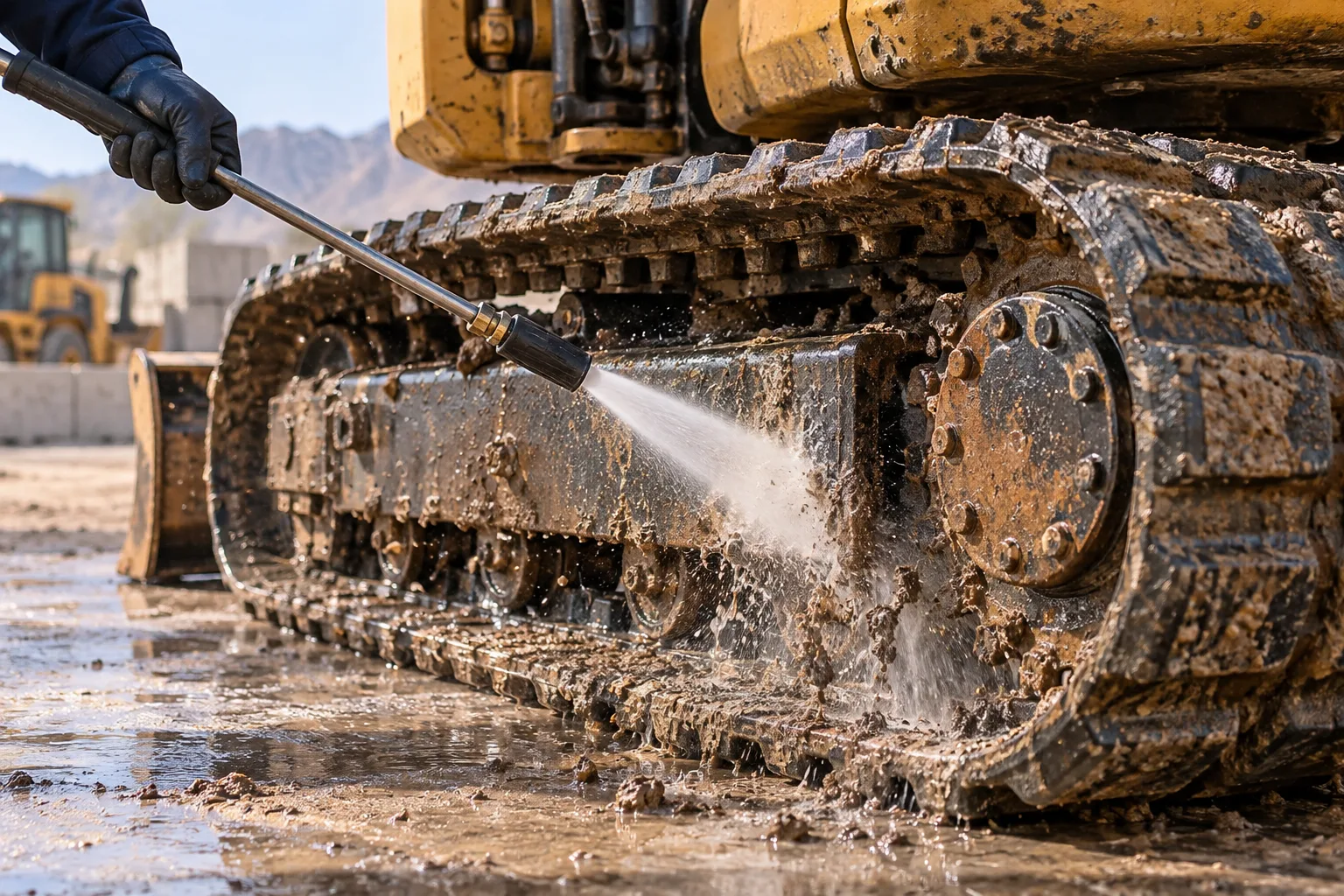 Concept illustration: a tracked excavator undercarriage being pressure washed