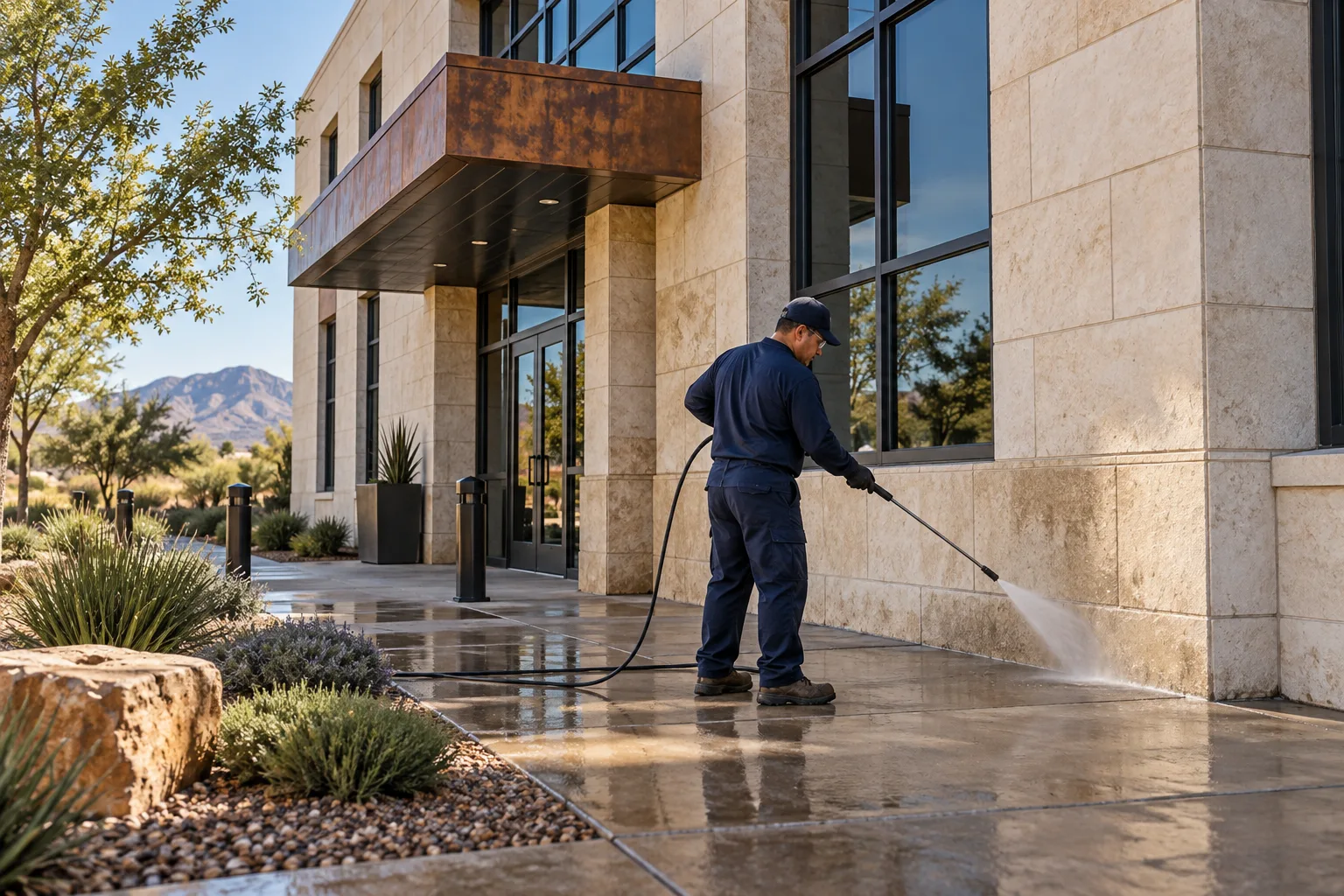 Concept illustration: an operator cleaning the lower masonry of a commercial building
