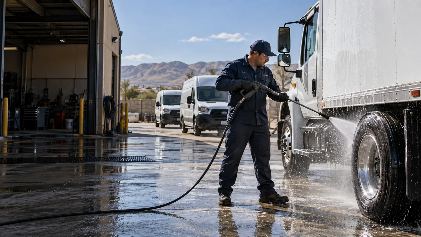 Concept illustration: a commercial truck being washed at a fleet service yard