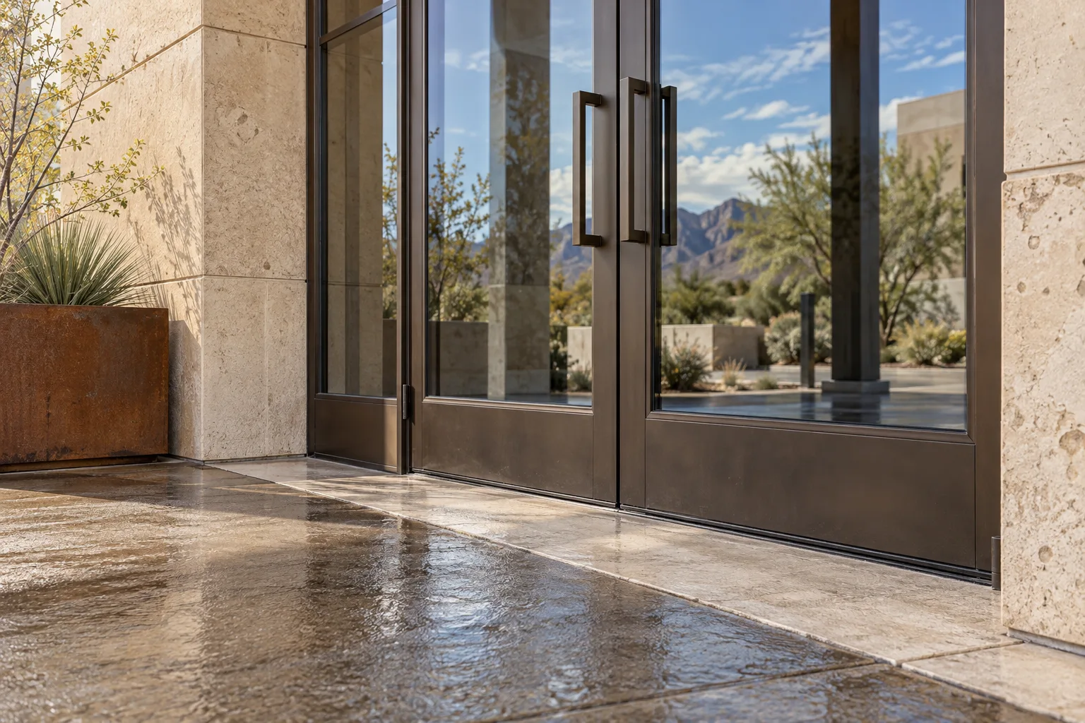 Concept illustration: metal-framed glass doors, protective trim, and a stone threshold