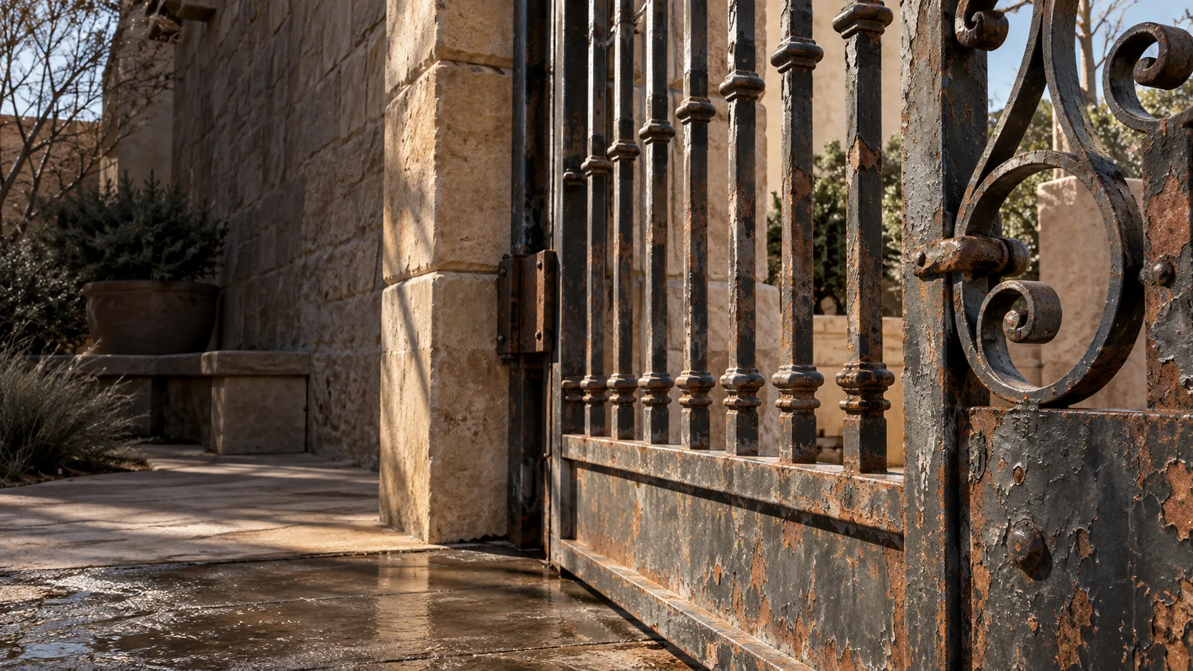 Concept illustration: weathered wrought-iron gate bars with rust and peeling paint