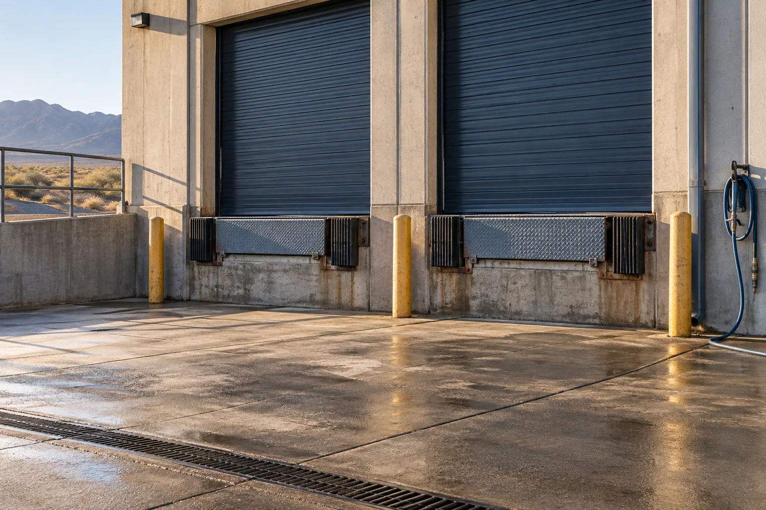 Concept illustration: warehouse loading docks, bumpers, and a concrete service apron