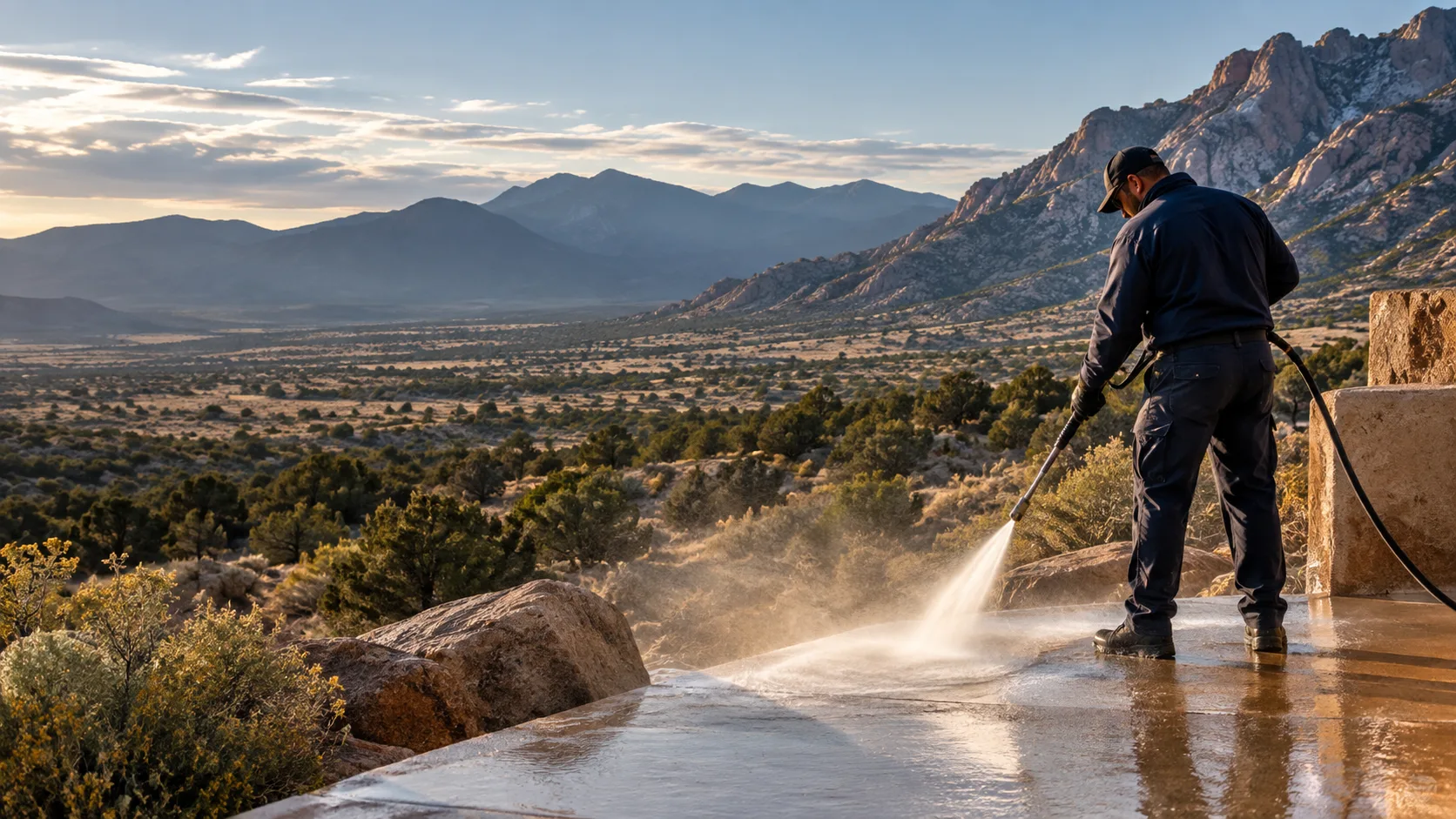 Concept illustration: an operator washing a terrace overlooking New Mexico-inspired high-desert foothills