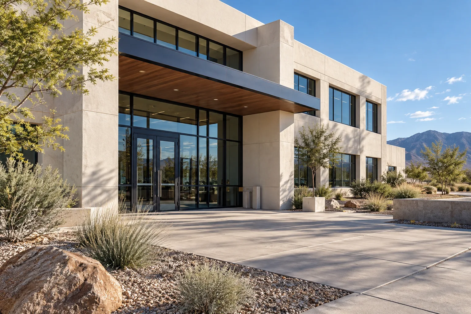 Concept illustration: a commercial office building with a shaded entry and desert landscaping
