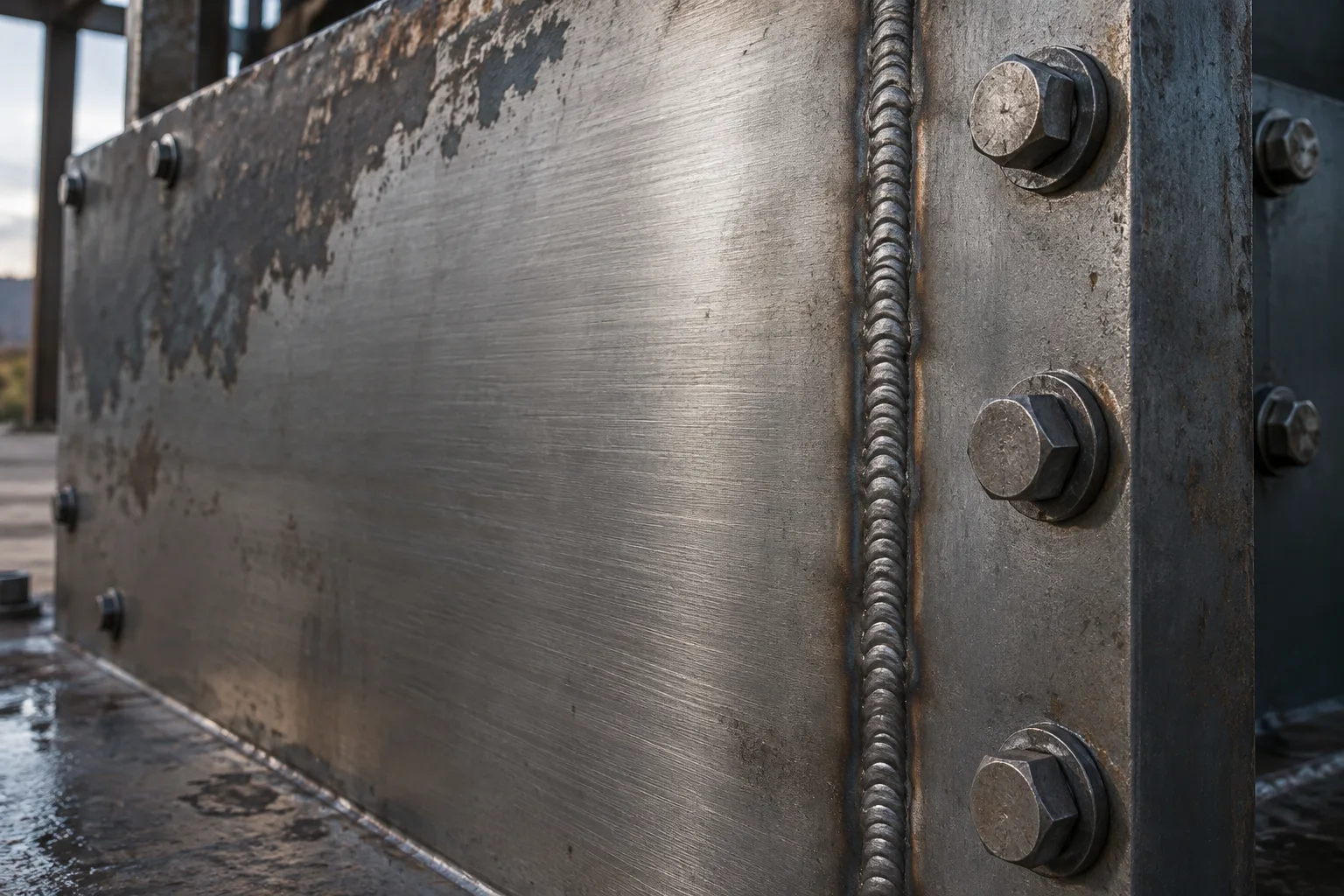 Concept illustration: industrial steel grain, a welded seam, and metal fasteners