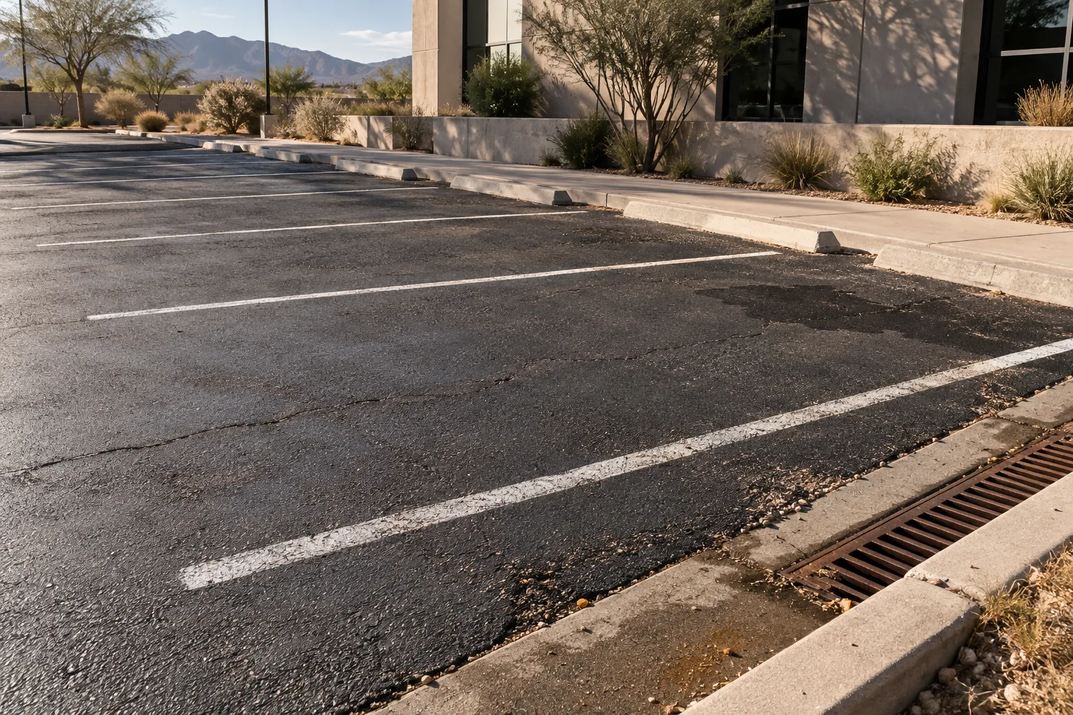 Concept illustration: commercial parking surfaces, striping, curbs, and drainage