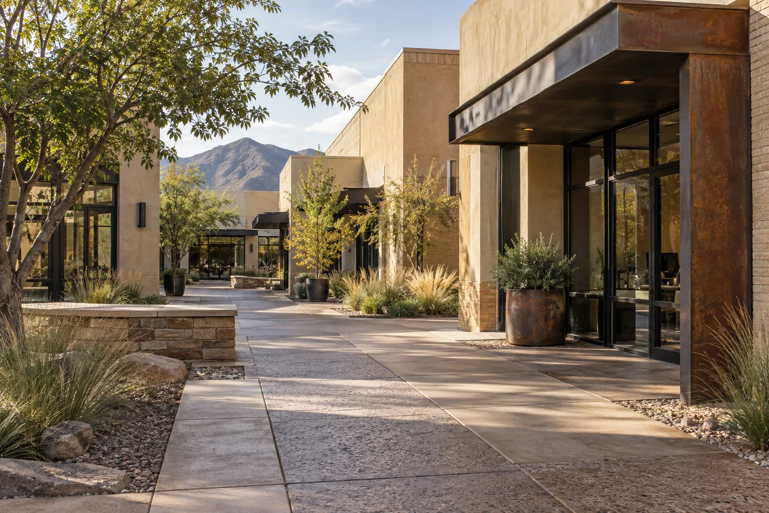Concept illustration: a Southwestern retail courtyard and paved customer approach