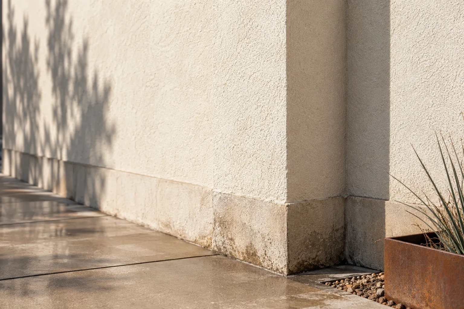 Concept illustration: lightly weathered textured stucco and a recessed corner
