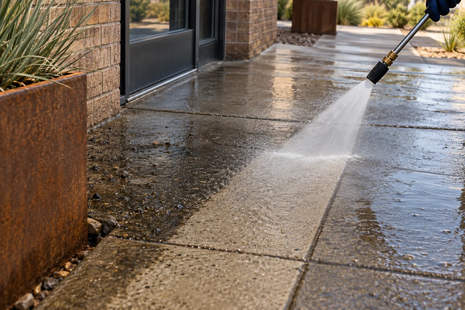 Concept illustration: a washing fan passing across textured concrete at a commercial entrance