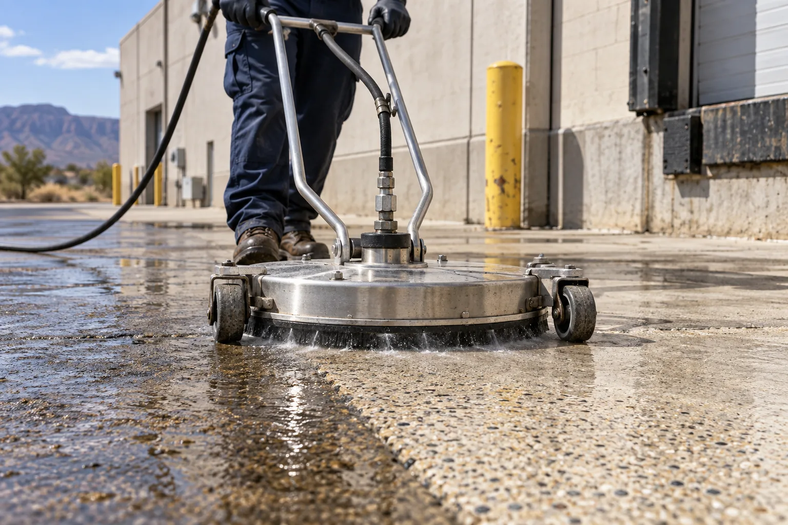 Concept illustration: a circular surface cleaner washing textured concrete